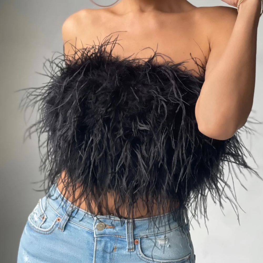 Black strapless feather top with back zip- UK 10 which is US 6/8 or US M